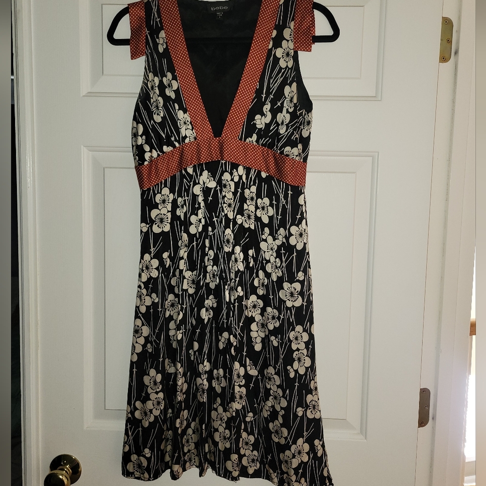 Bebe - Silk multi-color dress Cherry Blossom Black White Red Small Vintage Y2k